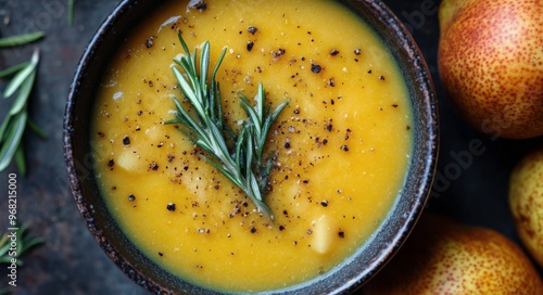 Creamy butternut squash soup with fresh pear and rosemary sprinkled on top