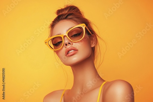 Wallpaper Mural Stylish woman in studio with summer vibes and yellow sunglasses. Torontodigital.ca