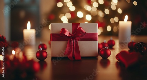 Romantic gift wrapped in brown paper with red ribbon on a candlelit table dec...