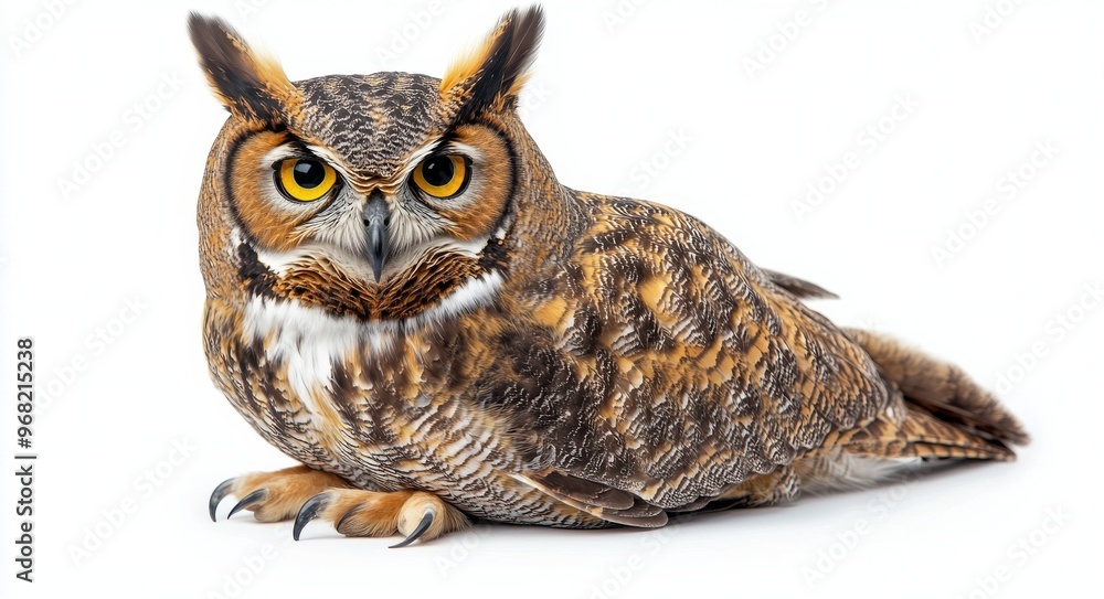 Fototapeta premium A majestic owl spreads its wings in a snowy landscape during the early morning hours