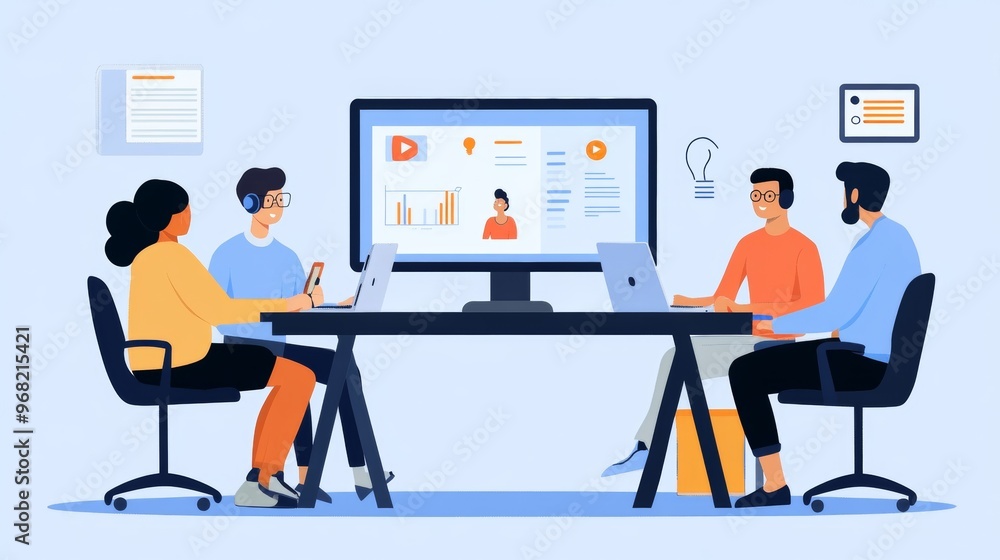 Diverse team meeting virtually, discussing a project while using video conferencing and online tools. Diverse team meeting virtually, discussing a project while using video conferencing and online tools.