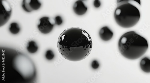 Floating black spheres create a modern minimalist art display in bright indoo...