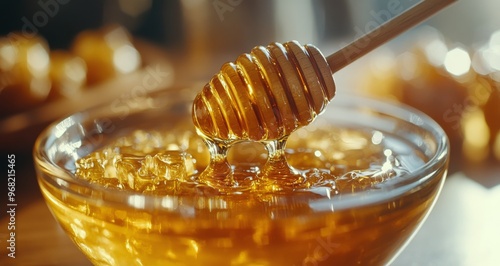 Golden honey drizzles from a wooden dipper into a rustic bowl surrounded by s...