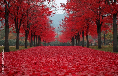 Vibrant red leaves blanket a serene pathway in an autumn park during a cloudy...