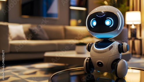 A cute, futuristic robot sits on a table in a modern living room, showcasing advanced technology and friendly design.