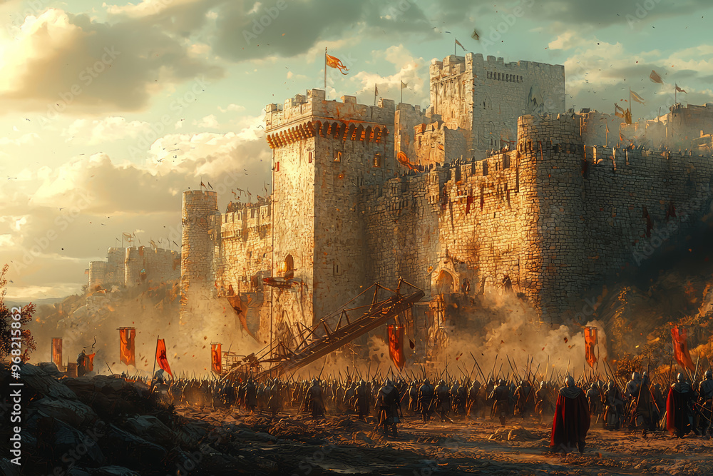 Fototapeta premium A castle under siege with trebuchets and archers in action. Concept of medieval warfare and military strategy.