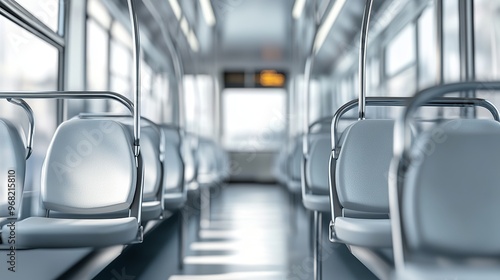 Grey chairs in a row on a bus against a white backdrop. photo