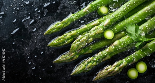Freshly washed asparagus spears with water droplets on a dark background