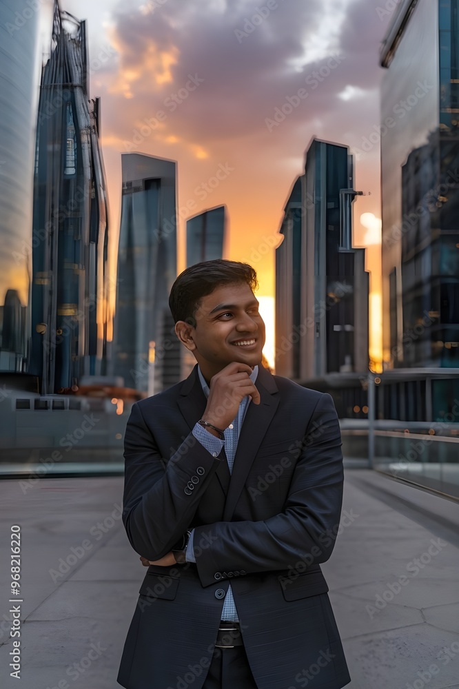 A wealthy, successful Indian businessman standing on a street in a big city with modern skyscrapers. Successful future vision, dreaming of new investment opportunities A wealthy, successful Indian businessman standing on a street in a big city with modern skyscrapers. Successful future vision, dreaming of new investment opportunities