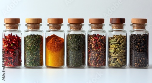 Assorted spice jars filled with colorful ingredients displayed on a white bac...