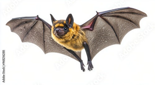 A close-up view of a flying bat with detailed wings against a white background