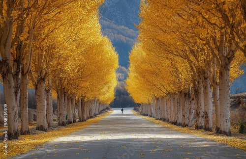 A peaceful walk through a vibrant golden tree-lined avenue during autumn