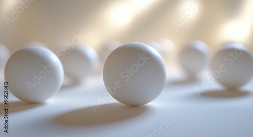 Bright sunlight illuminates white spheres on a wooden table creating delicate shadows