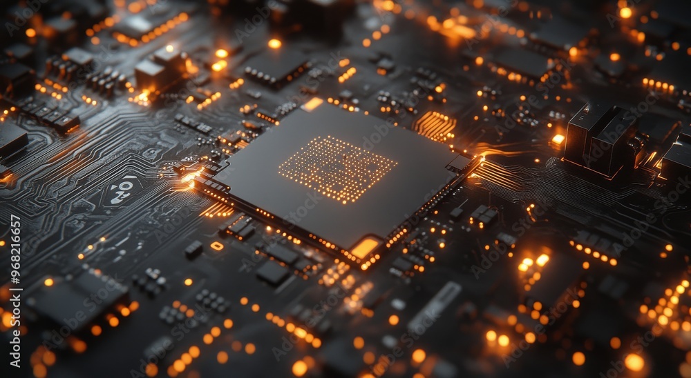 The intricate design of a microchip on a circuit board illuminated by soft light The intricate design of a microchip on a circuit board illuminated by soft light