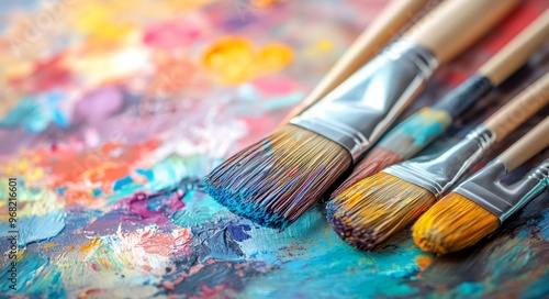 Colorful paint palette with assorted brushes arranged artistically on a vibra...