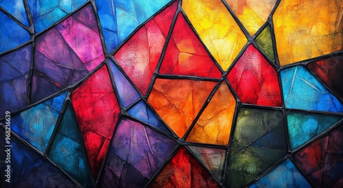 Vibrant stained glass artwork showcasing colorful geometric patterns in a uni...
