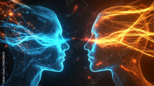 Digital Art of Two Faces with Glowing Energy