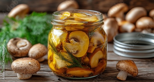 Deliciously preserved mushrooms in a jar on a rustic wooden table with fresh ...