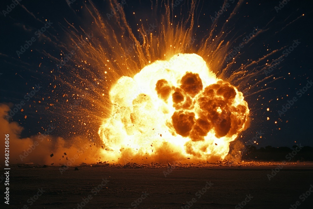 Φωτογραφία A colossal nighttime explosion, lighting up the dark sky with intense fire and debris, creating a vivid depiction of raw energy and chaotic destruction in the night