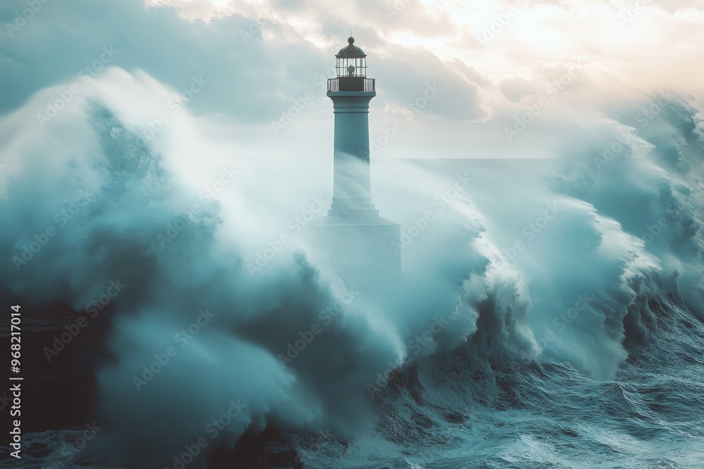 A tall lighthouse stands towering amidst enormous crashing ocean waves ...