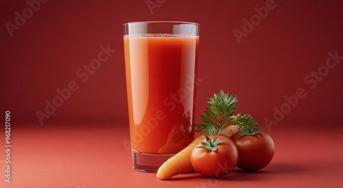 Freshly prepared carrot and tomato juice served in a clear glass against a vi...