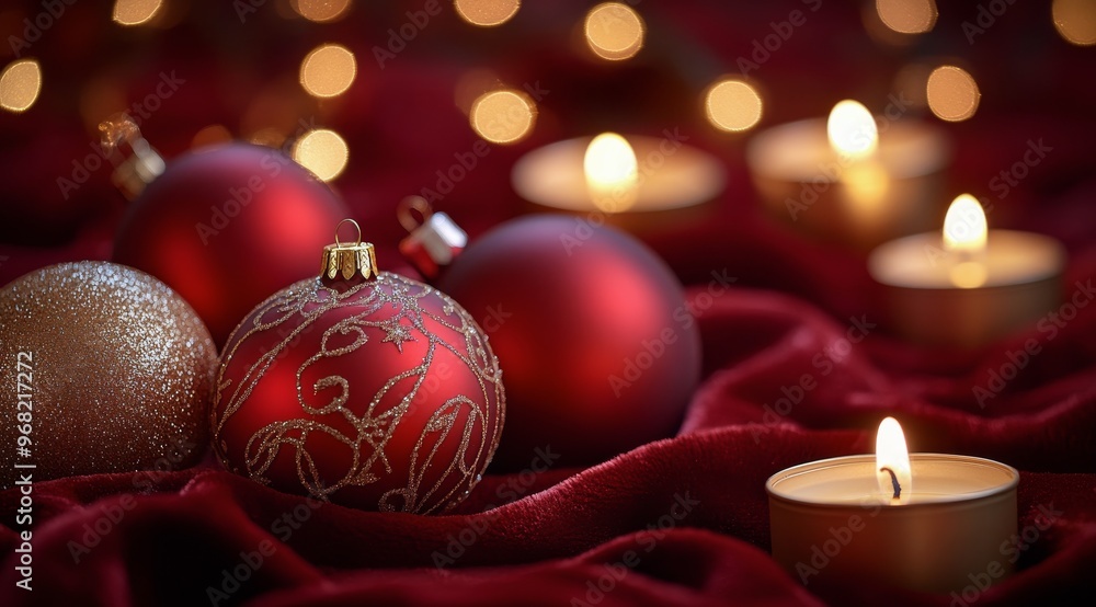 Elegant holiday ornaments and a candle on a rich red fabric background during winter festivities Elegant holiday ornaments and a candle on a rich red fabric background during winter festivities