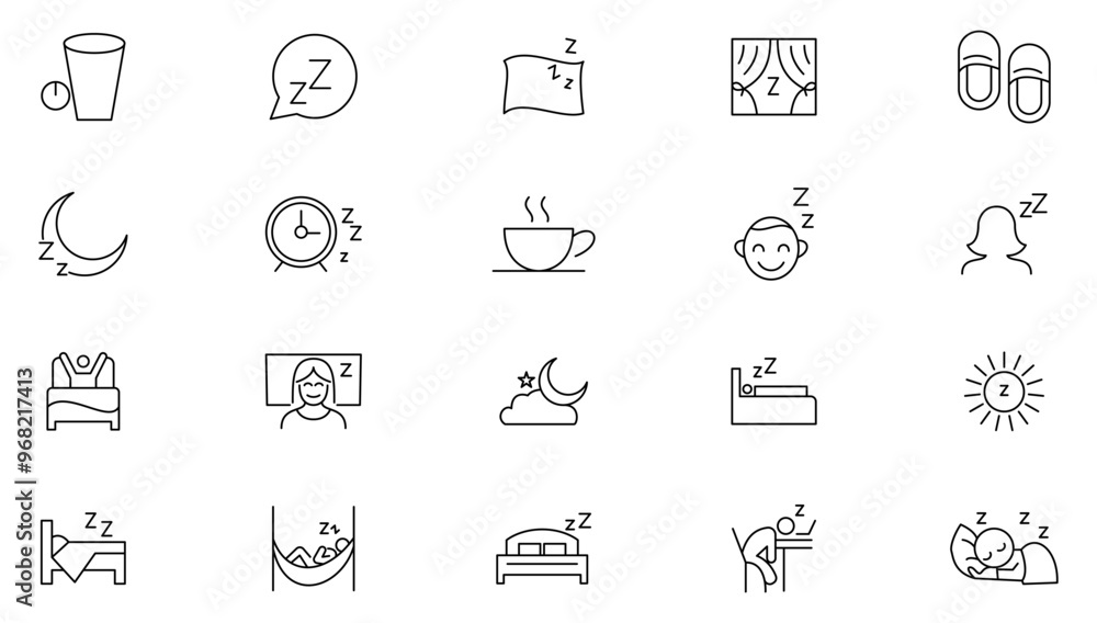 Sleep line icon collection. Sleeping, bedroom, dream, pillow, bed, alarm clock, disorders, insomnia, night and rest icon set. UI outline icon pack Sleep line icon collection. Sleeping, bedroom, dream, pillow, bed, alarm clock, disorders, insomnia, night and rest icon set. UI outline icon pack