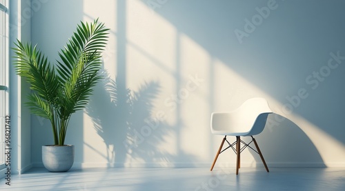 A bright, minimalist living room featuring a cozy armchair and a tall indoor ...