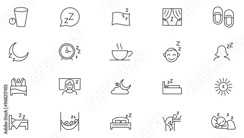Sleep line icon collection. Sleeping, bedroom, dream, pillow, bed, alarm clock, disorders, insomnia, night and rest icon set. UI outline icon pack