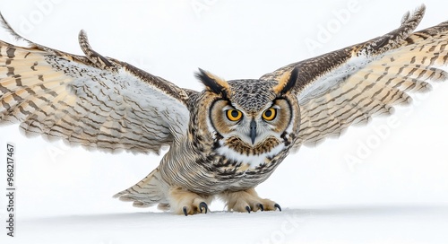 A majestic owl spreads its wings in a snowy landscape during the early mornin...
