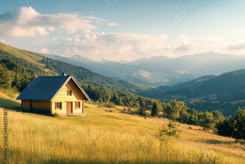 A charming sunlit cabin on a grassy hill offers an expansive view of scenic mountains, portraying tranquility, peace, and a perfect escape into the serene countryside.