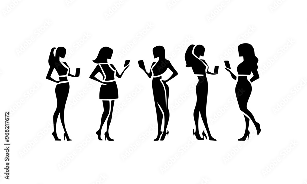 vector silhouettes of a business woman in a beautiful business suit and with a smartphone in her hand vector silhouettes of a business woman in a beautiful business suit and with a smartphone in her hand