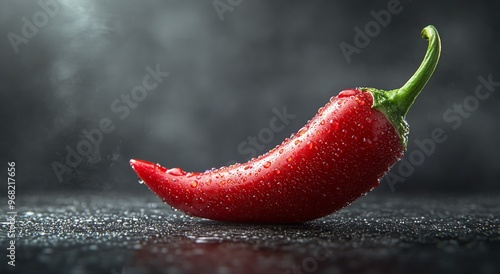 Fresh red chili pepper glistening with droplets on a dark background in a cul...