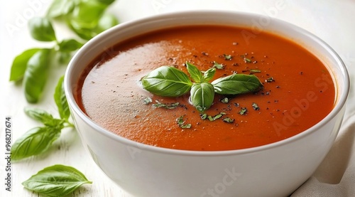 Freshly prepared basil-topped tomato soup served in a white bowl on a rustic ...