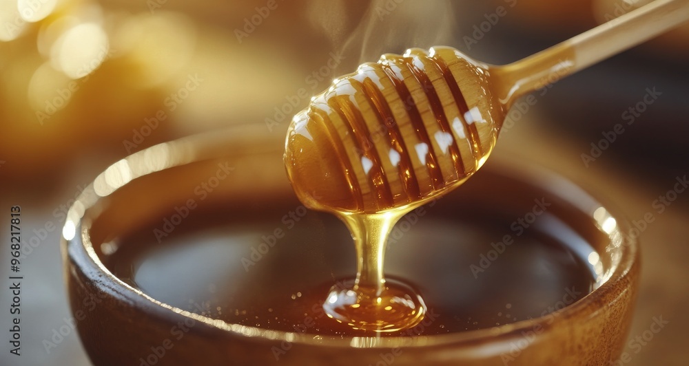 Golden honey drizzles from a wooden dipper into a rustic bowl surrounded by sunflowers Golden honey drizzles from a wooden dipper into a rustic bowl surrounded by sunflowers