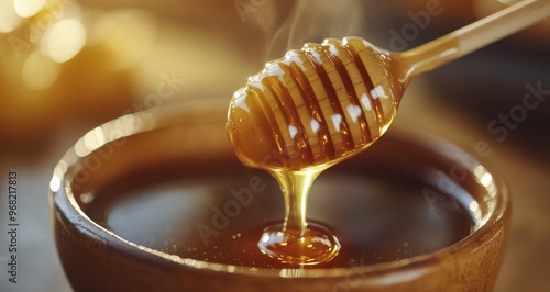 Golden honey drizzles from a wooden dipper into a rustic bowl surrounded by s...