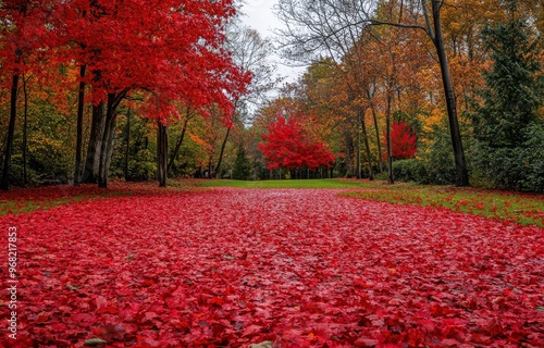 Vibrant red leaves blanket a serene pathway in an autumn park during a cloudy...