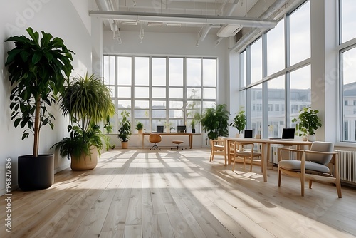 Modern office interior with desk used for interviewing candidates for employability.