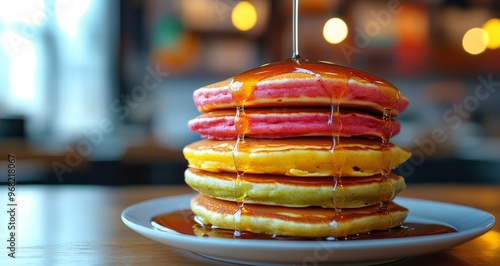 Vibrantly stacked pancakes drizzled with syrup on a neutral background for br...
