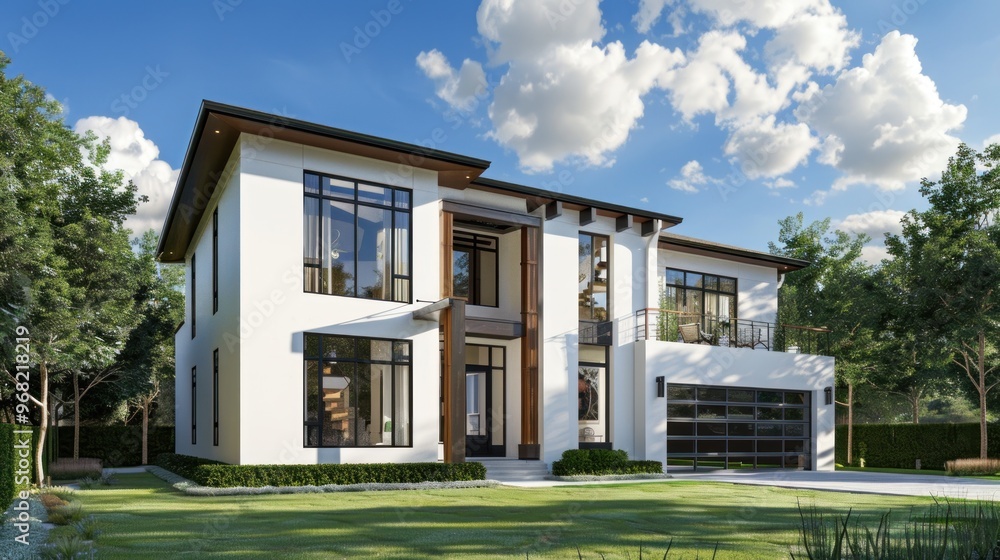 Modern White House with Large Windows and Lush Green Lawn Modern White House with Large Windows and Lush Green Lawn