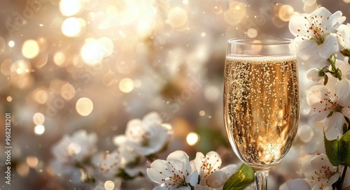 Celebratory drink of sparkling wine with blossoms in the background during a ...