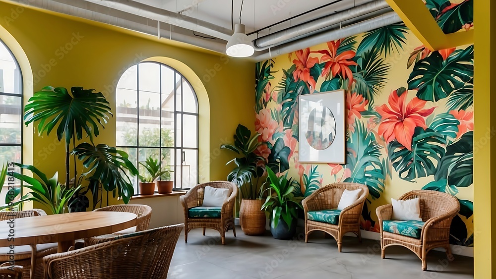 Obraz premium Tropical hotel lobby with vibrant flowers and plant patterns on walls, wooden chairs and modern design.