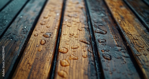 Rain-soaked wooden surface glistens under soft light after a gentle summer sh...