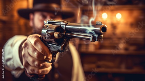 Intense close up of a man aiming a smoking revolver with a cigar in his mouth and blurred background photo