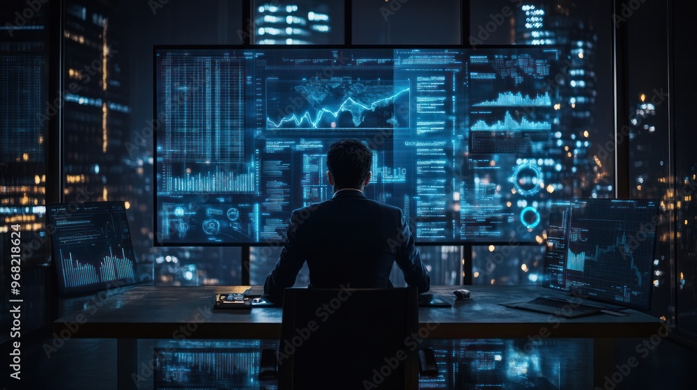 A startup founder showcasing a digital transformation plan in a sleek boardroom, with glowing data charts and innovative tech tools supporting their vision A startup founder showcasing a digital transformation plan in a sleek boardroom, with glowing data charts and innovative tech tools supporting their vision