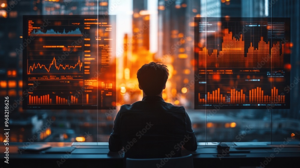 A startup founder reflecting on a failure, with digital screens displaying declined metrics and a futuristic office setting, highlighting the challenges of entrepreneurship A startup founder reflecting on a failure, with digital screens displaying declined metrics and a futuristic office setting, highlighting the challenges of entrepreneurship
