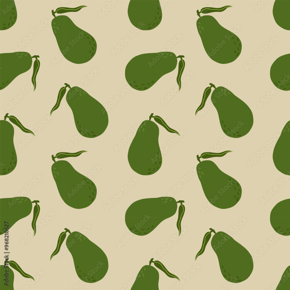 Whole avocado with leaves seamless pattern. Simple vector illustration on beige background Whole avocado with leaves seamless pattern. Simple vector illustration on beige background