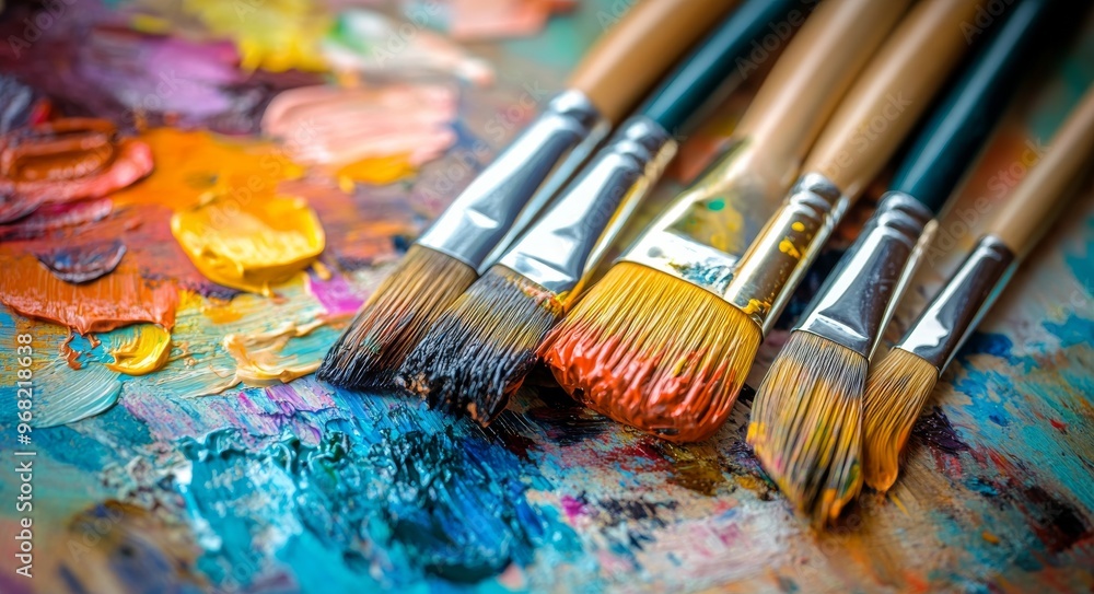 Fototapeta premium Colorful paint palette with assorted brushes arranged artistically on a vibrant background