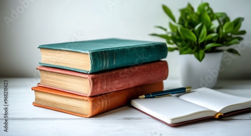 Stacks of leather-bound books on a wooden table beside a potted plant and a p...