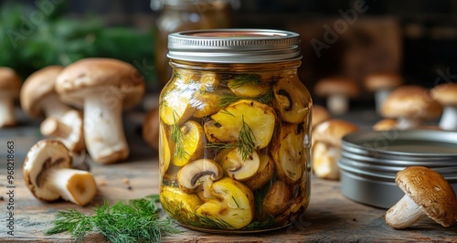 Deliciously preserved mushrooms in a jar on a rustic wooden table with fresh ...